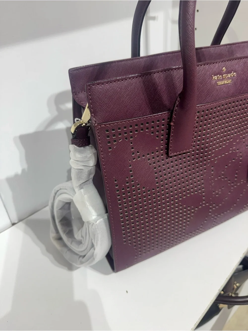 kate spade Cameron Plum Perforated Floral Satchel